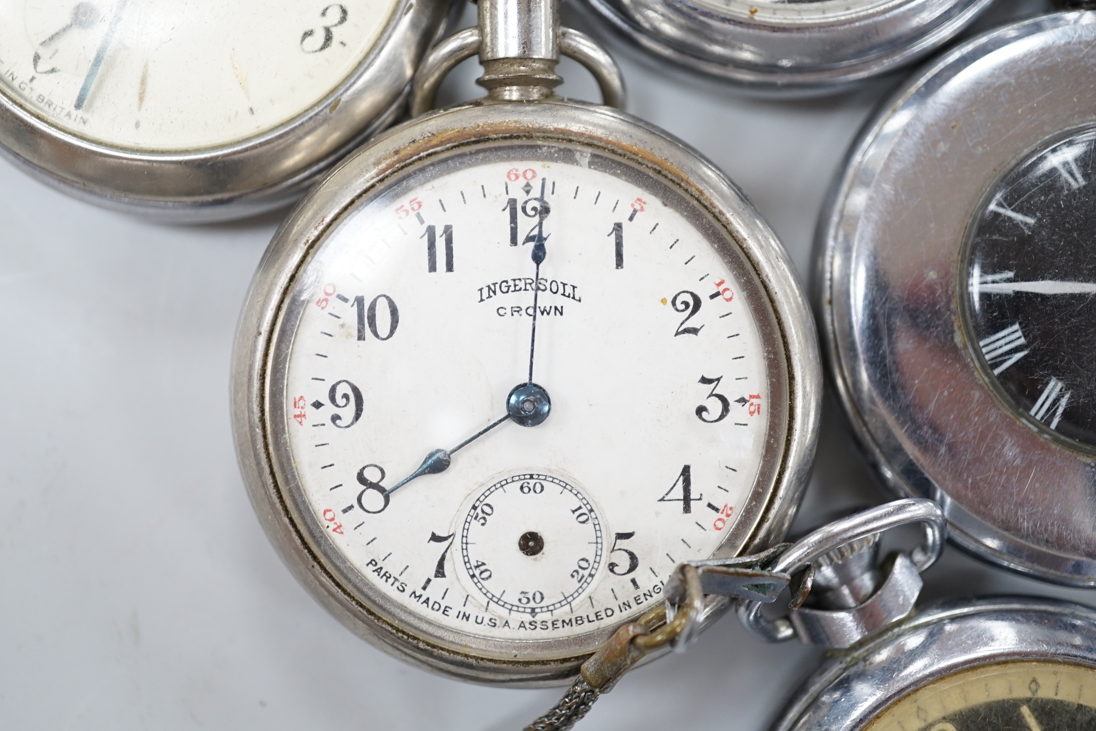 Ten assorted base metal pocket watches including Ingersoll Crown, Sekonda and Smiths.